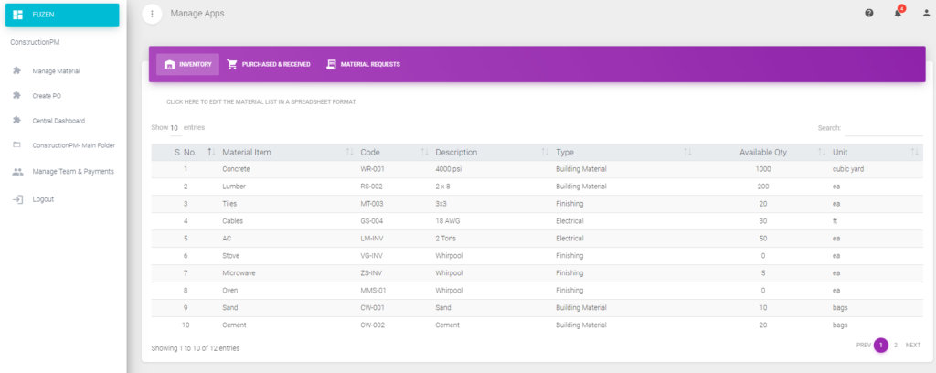 ConstructionPM Construction Project Management for Google Drive Showing Material 